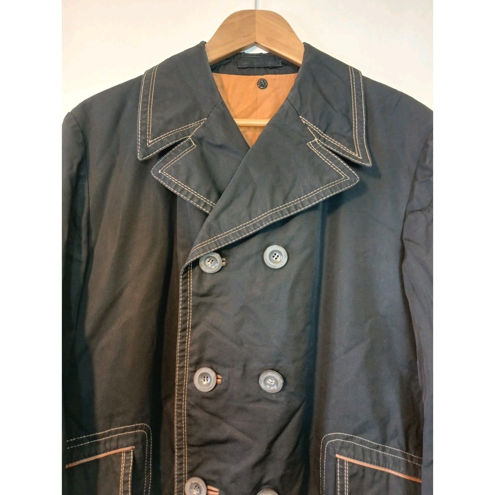 Vintage Cortefiel Mens Black Double Breasted Trench Coat Sz 42 Made in Spain  AC - Picture 3 of 13